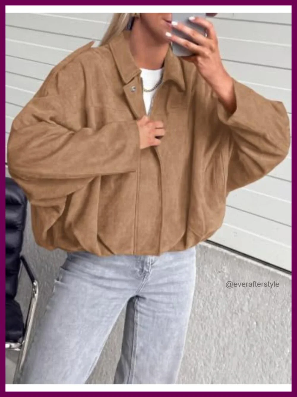 Faux Suede Cropped Bomber Jacket for Women Oversized Lapel Collar Long Batwing